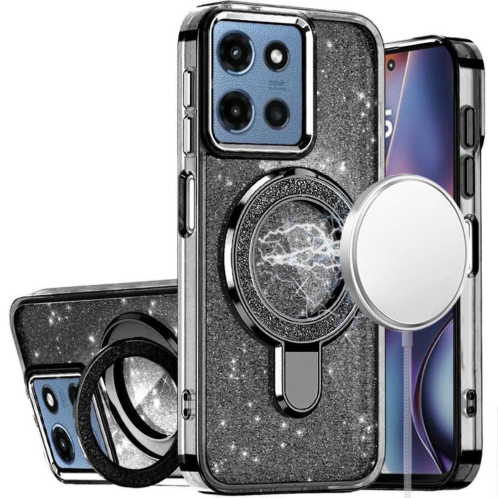 for moto g 5g 2025/2026 g play 2026 transparent glitter rotaional magnetic ring stand hq hybrid black
