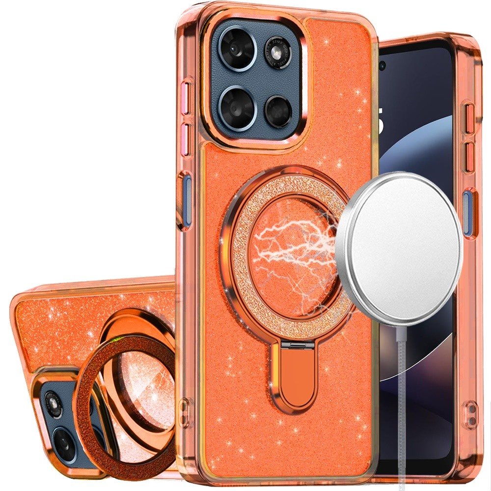 for moto g 5g 2025/2026 / g play 2026 transparent glitter rotaional magnetic ring stand hq hybrid cosmic orange