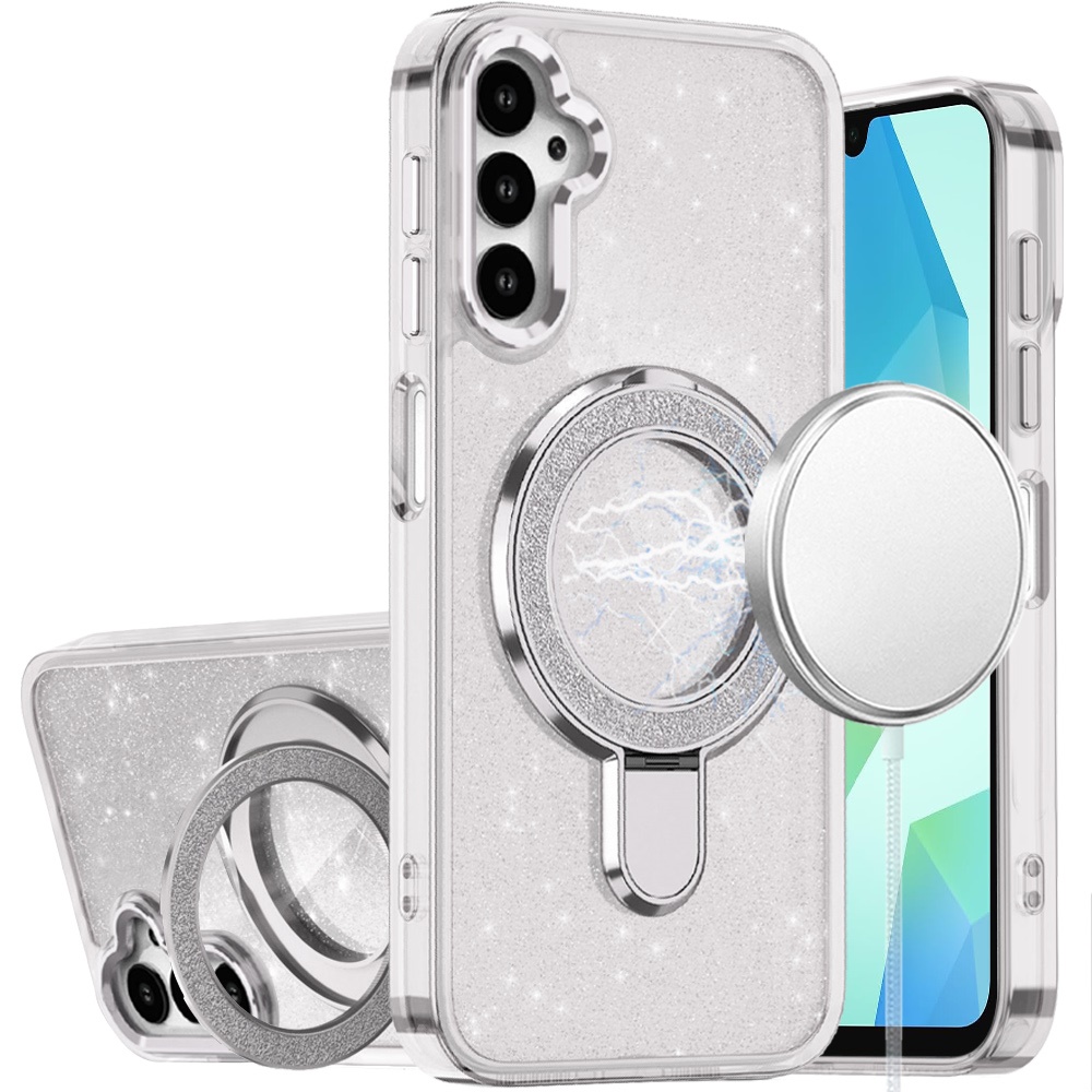 for samsung a16 5g transparent glitter rotaional magnetic ring stand hq hybrid clear