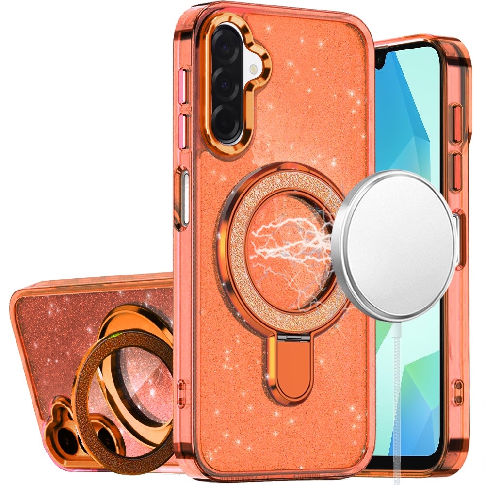 for samsung a16 5g transparent glitter rotaional magnetic ring stand hq hybrid cosmic orange