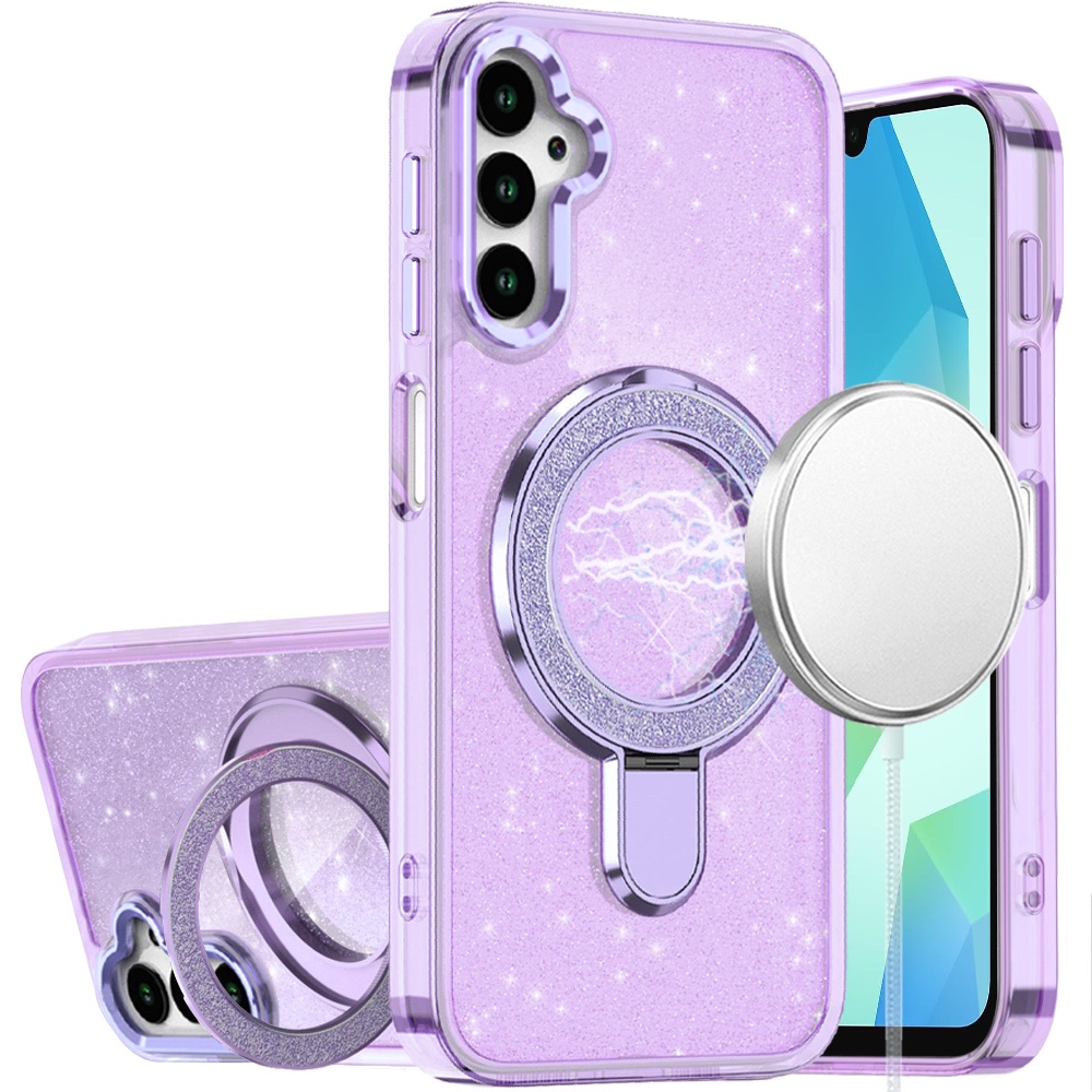 for samsung a16 5g transparent glitter rotaional magnetic ring stand hq hybrid light purple