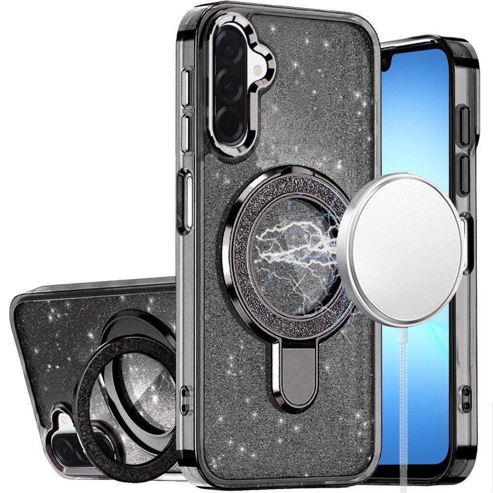 for samsung a17 5g transparent glitter rotaional magnetic ring stand hq hybrid black