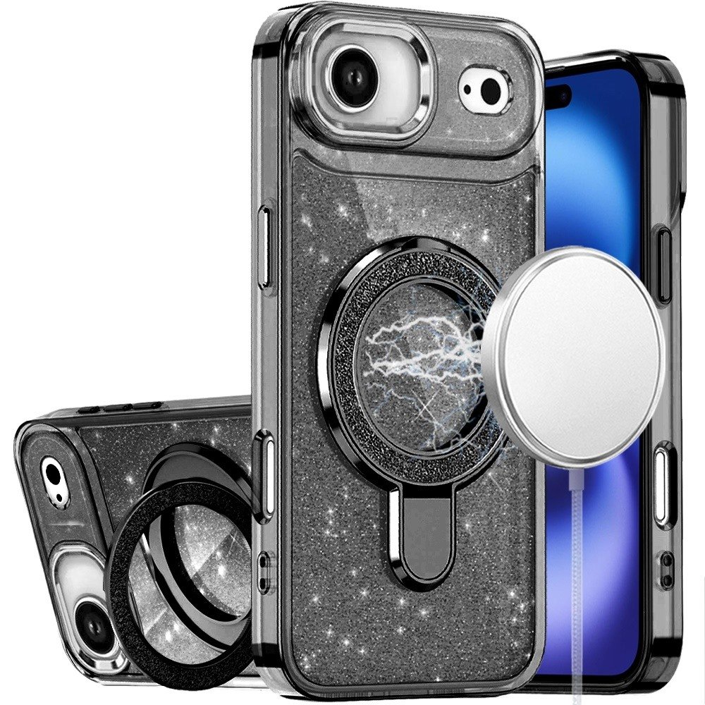 for iphone 17 air transparent glitter rotaional magnetic ring stand hq hybrid black