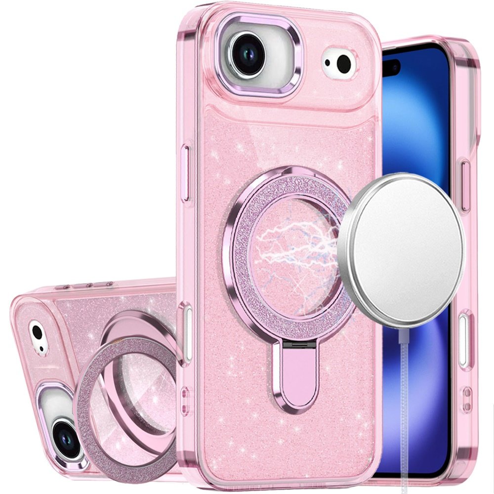 for iphone 17 air transparent glitter rotaional magnetic ring stand hq hybrid light pink