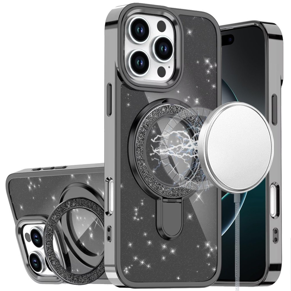 for iphone 16 pro max 6.9 transparent glitter rotaional magnetic ring stand hq hybrid black
