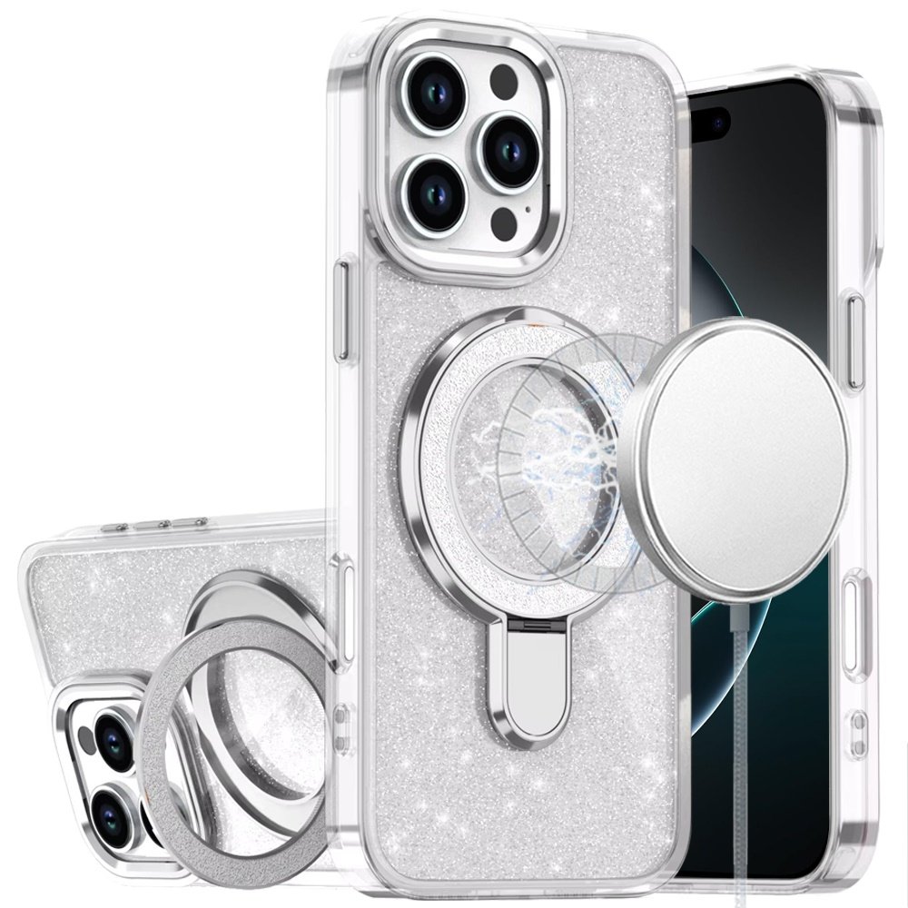 for iphone 16 pro max 6.9 transparent glitter rotaional magnetic ring stand hq hybrid clear