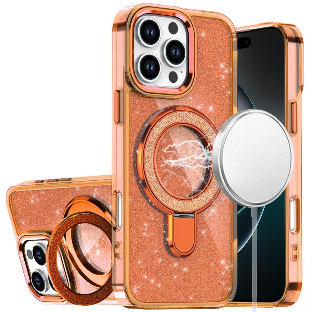 for iphone 16 pro max 6.9 inch transparent glitter rotaional magnetic ring stand hq hybrid cosmic orange