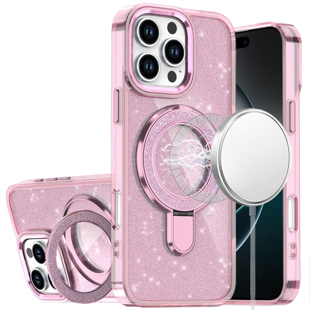 for iphone 16 pro max 6.9 transparent glitter rotaional magnetic ring stand hq hybrid light pink
