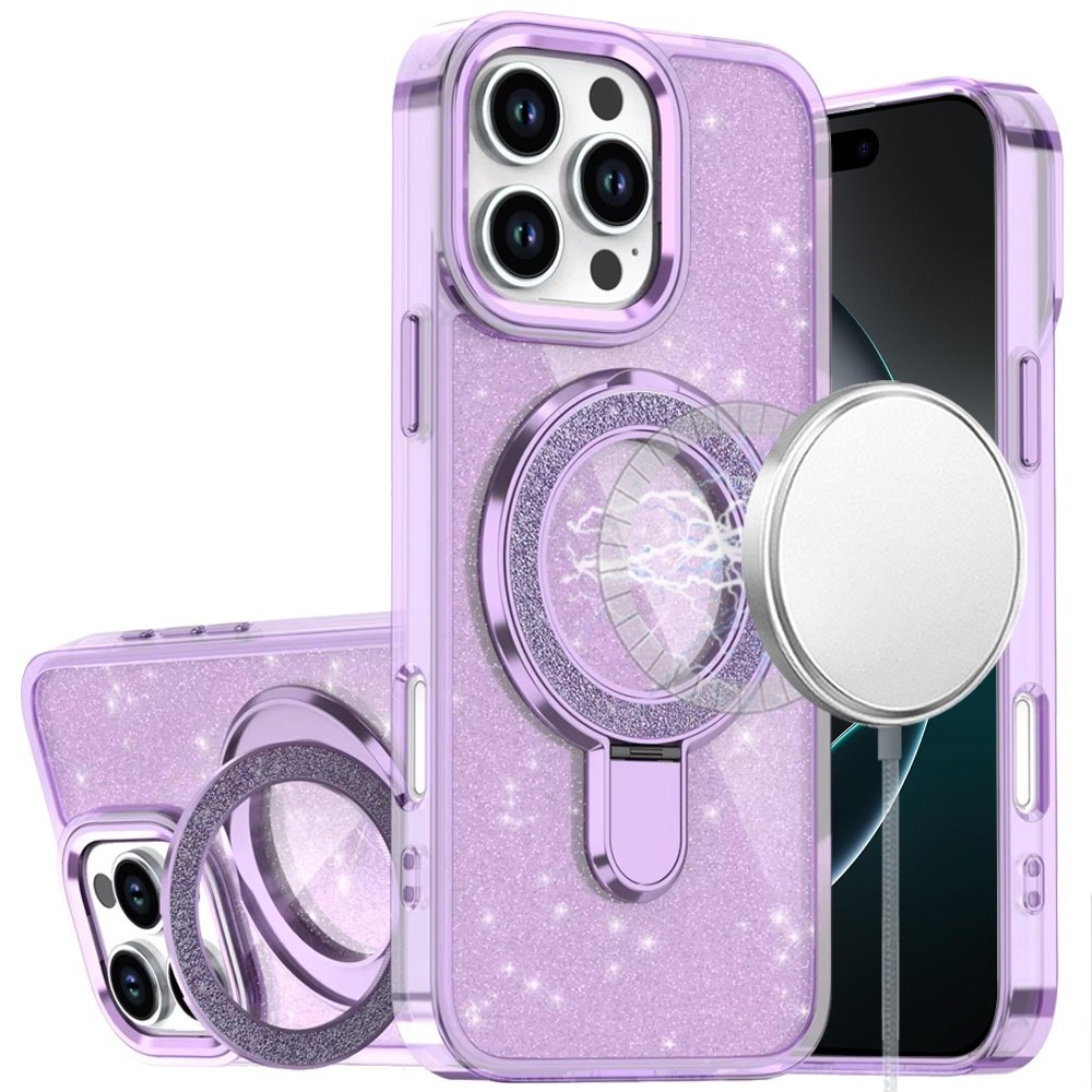 for iphone 16 pro max 6.9 transparent glitter rotaional magnetic ring stand hq hybrid light purple