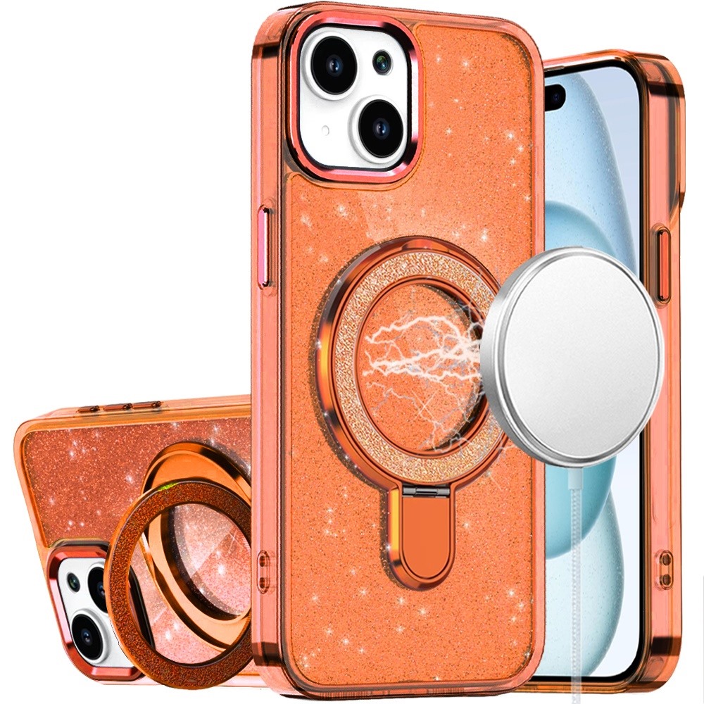 for iphone 15 plus/iphone 14 plus transparent glitter rotaional magnetic ring stand hq hybrid cosmic orange