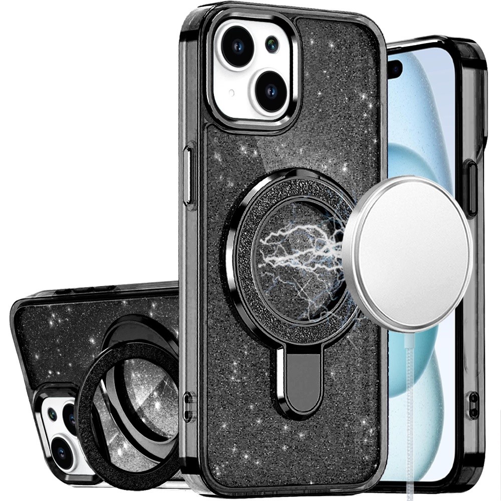 for iphone 15 transparent glitter rotaional magnetic ring stand hq hybrid black