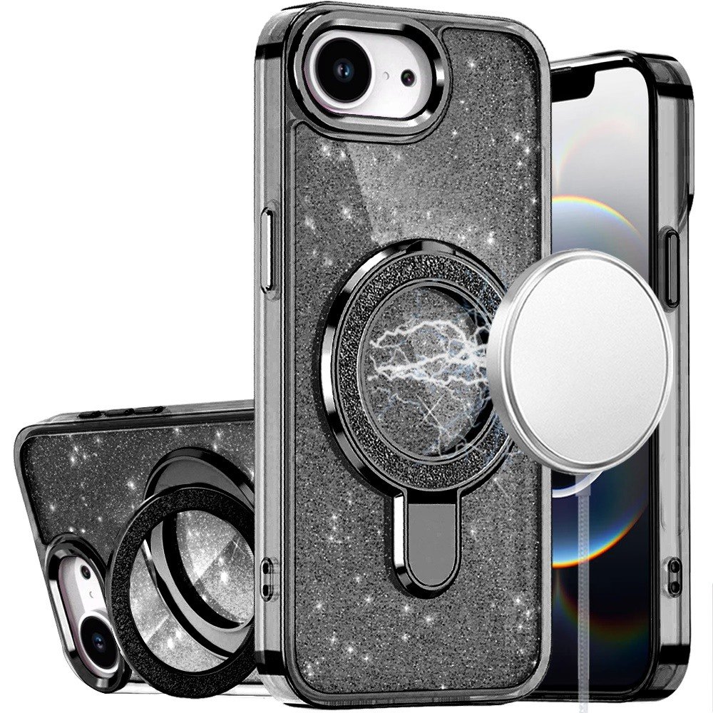 for iphone 17e / 16e / se4 transparent glitter rotaional magnetic ring stand hq hybrid black