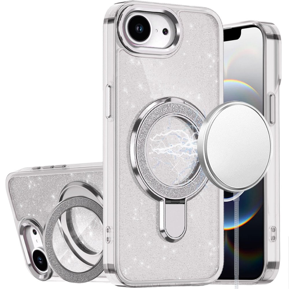 for iphone 17e / 16e / se4 transparent glitter rotaional magnetic ring stand hq hybrid clear