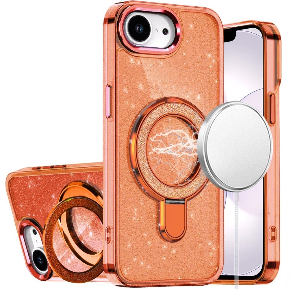 for iphone 16e (e edition) / se4 (2025) transparent glitter rotaional magnetic ring stand hq hybrid cosmic orange