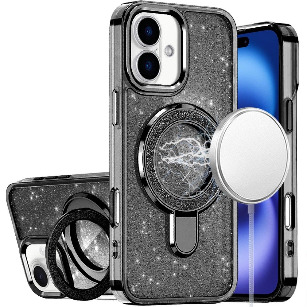 for iphone 17 transparent glitter rotaional magnetic ring stand hq hybrid black