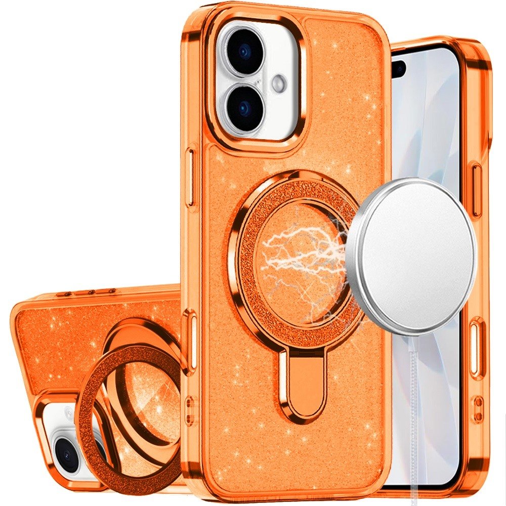 for iphone 17 transparent glitter rotaional magnetic ring stand hq hybrid cosmic orange