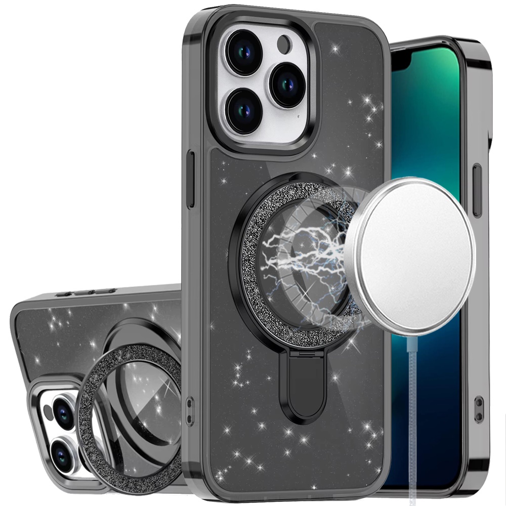 for iphone 13 pro transparent glitter rotaional magnetic ring stand hq hybrid black
