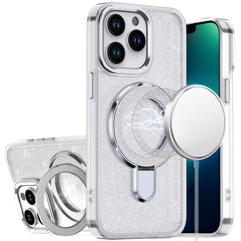 for iphone 13 pro transparent glitter rotaional magnetic ring stand hq hybrid clear