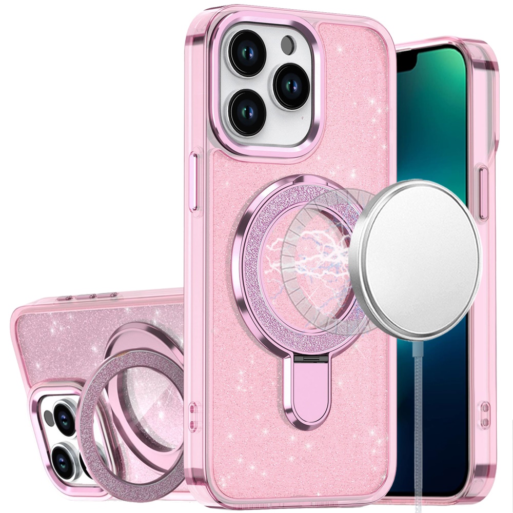 for iphone 13 pro transparent glitter rotaional magnetic ring stand hq hybrid light pink