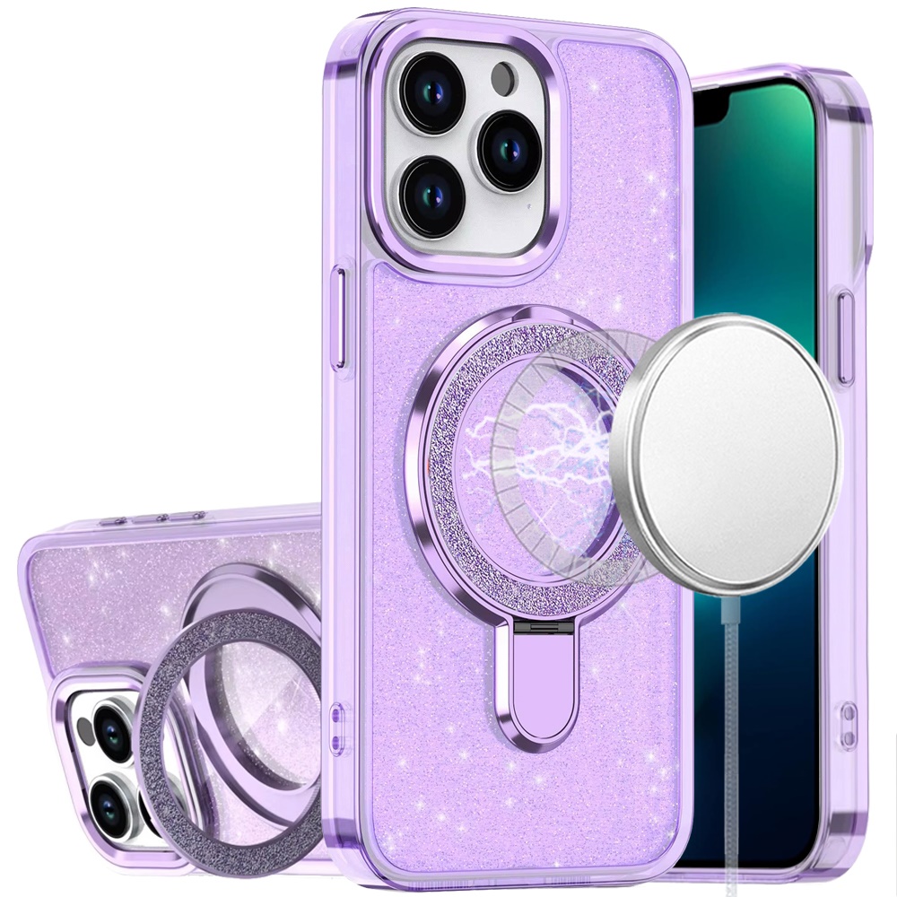 for iphone 13 pro transparent glitter rotaional magnetic ring stand hq hybrid light purple