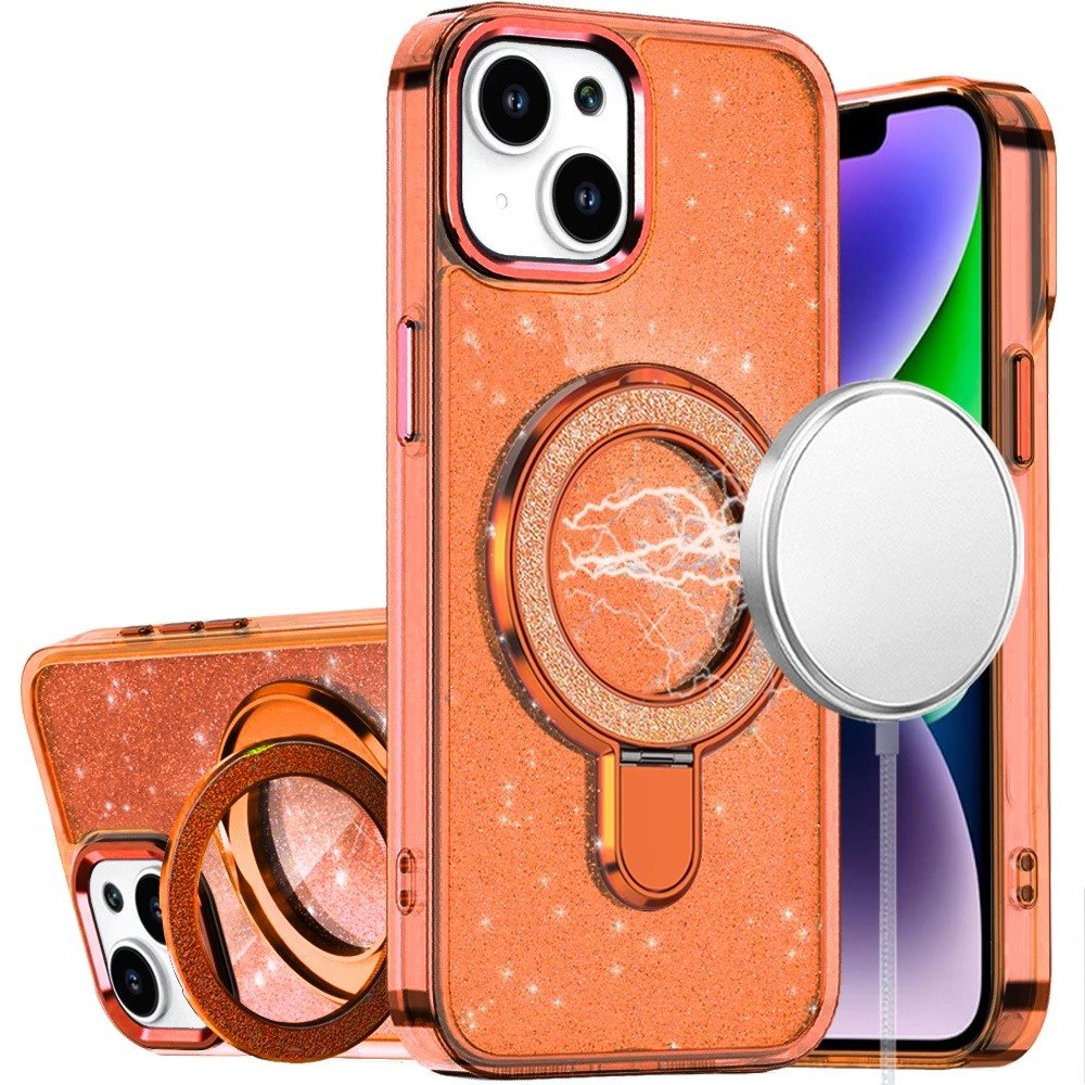 for iphone 13/14 transparent glitter rotaional magnetic ring stand hq hybrid cosmic orange