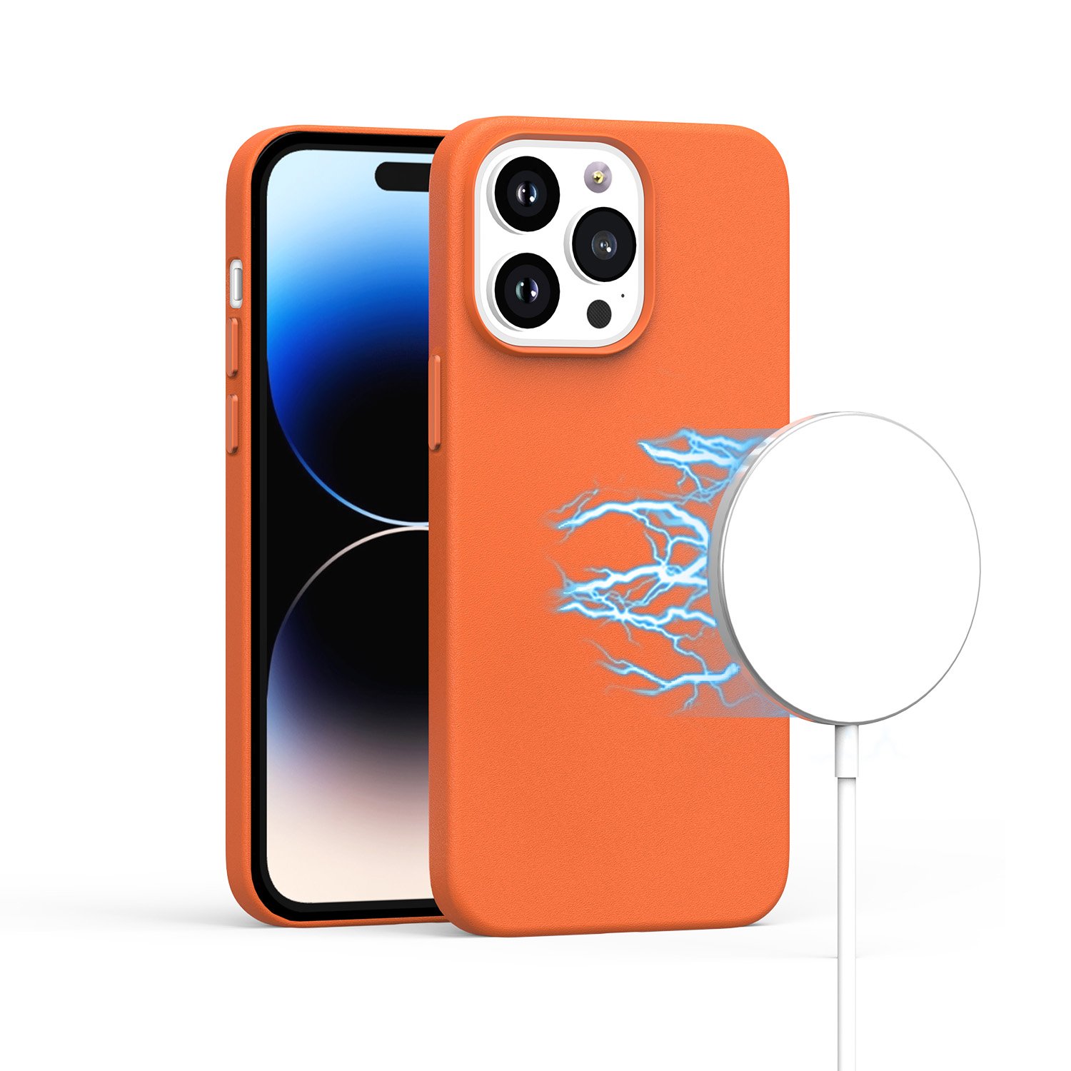 for ip15 pro max pu leather with inner [magnetic circle] colored metal buttons orange