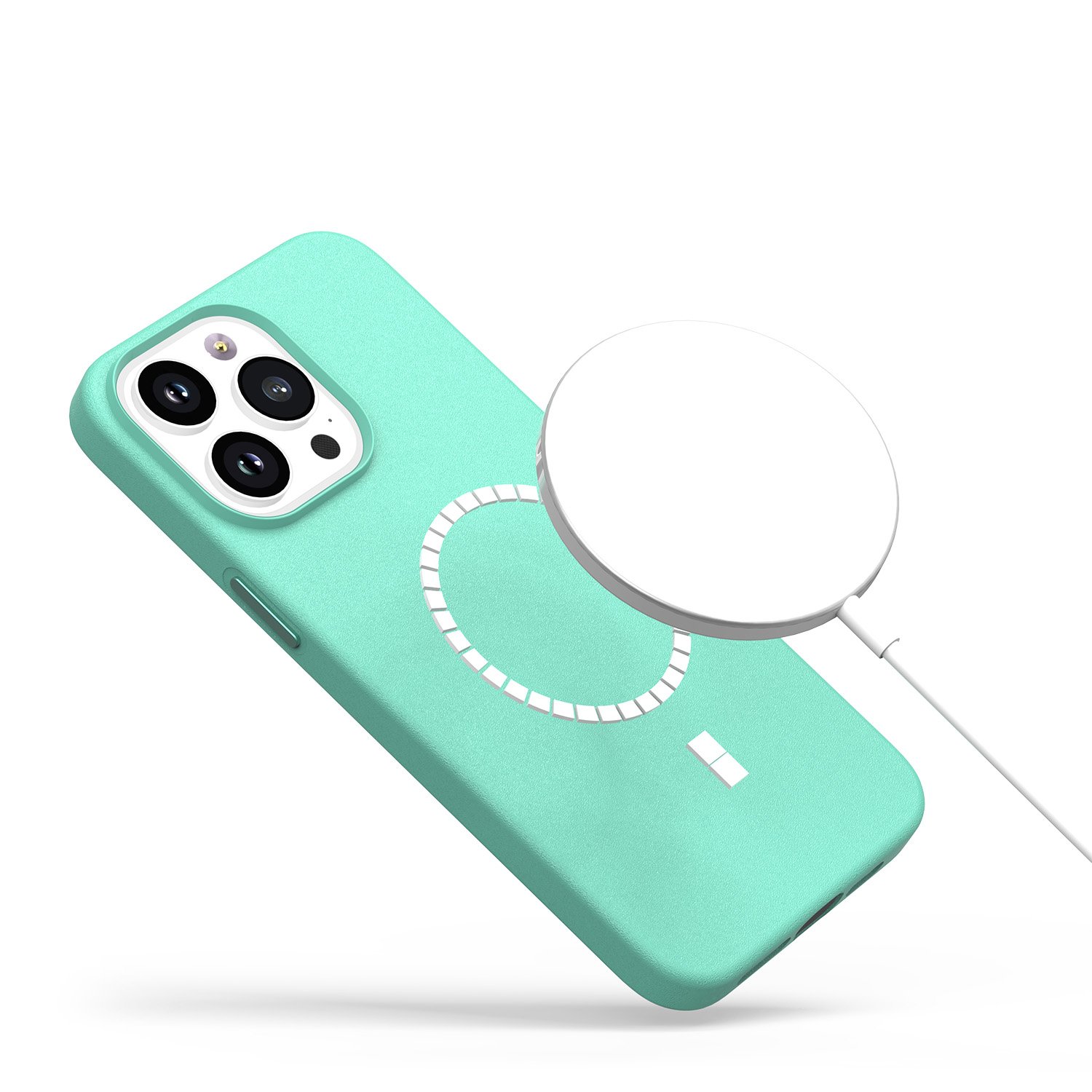 for ip15 pro max pu leather with inner [magnetic circle] colored metal buttons teal