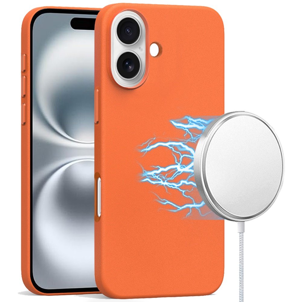 for iphone 16 plus 6.7 inch pu leather with inner [magnetic circle] colored metal buttons orange