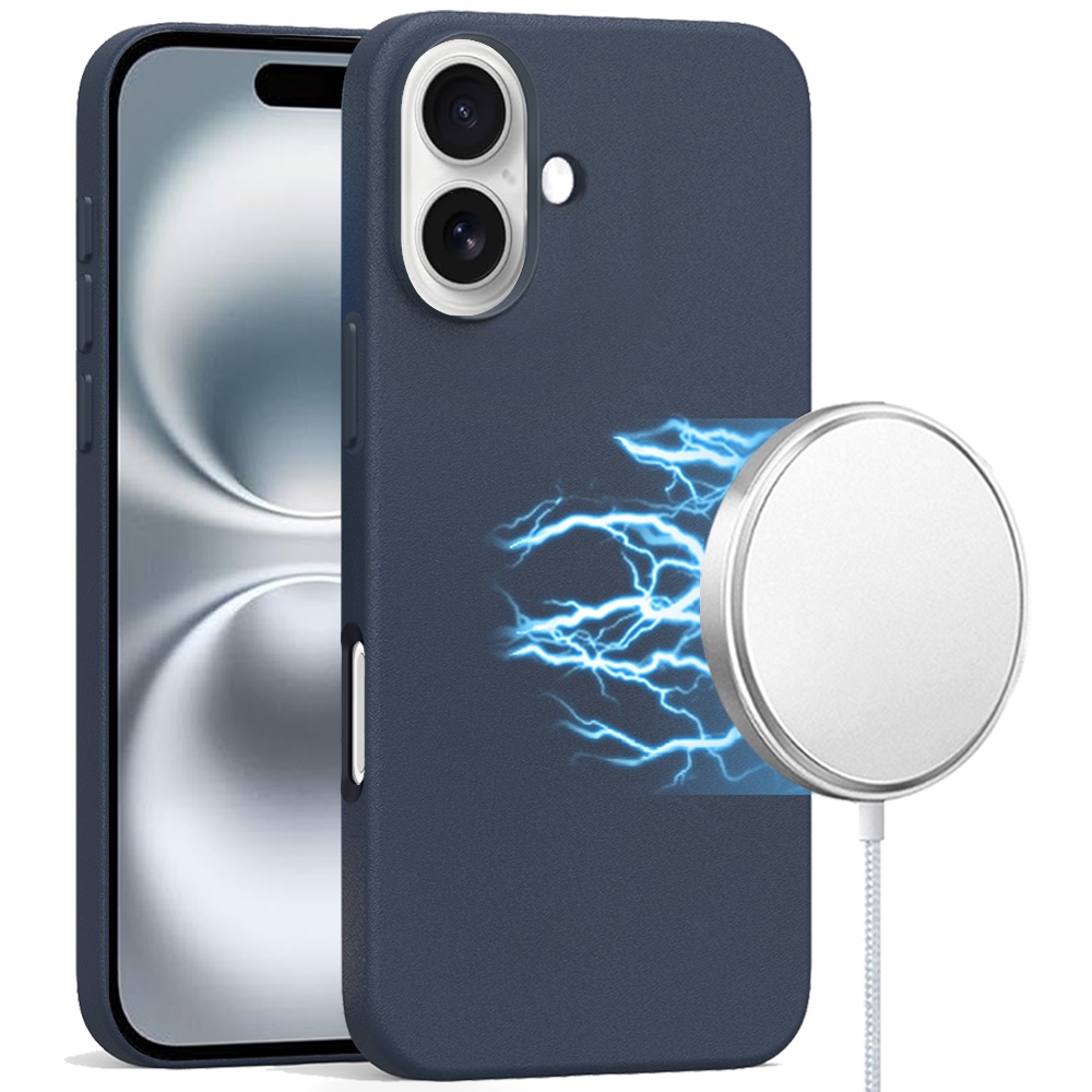 for iphone 16 6.1 inch pu leather with inner [magnetic circle] colored metal buttons indigo blue