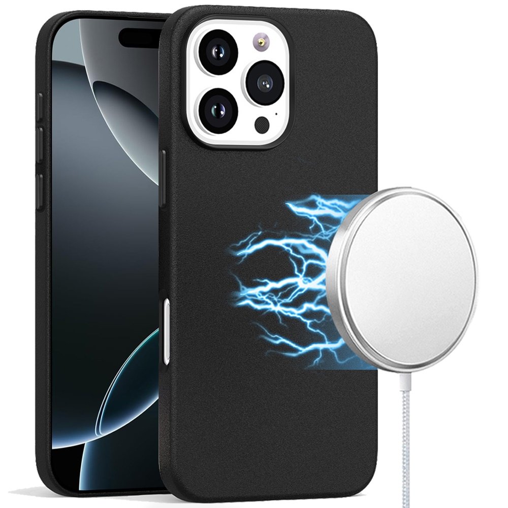 for iphone 16 pro 6.3 inch pu leather with inner [magnetic circle] colored metal buttons black