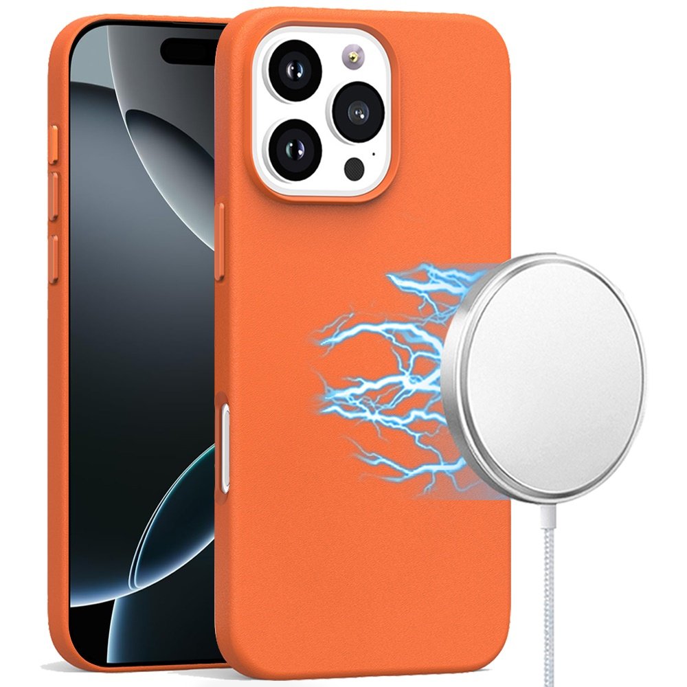 for iphone 16 pro 6.3 inch pu leather with inner [magnetic circle] colored metal buttons orange