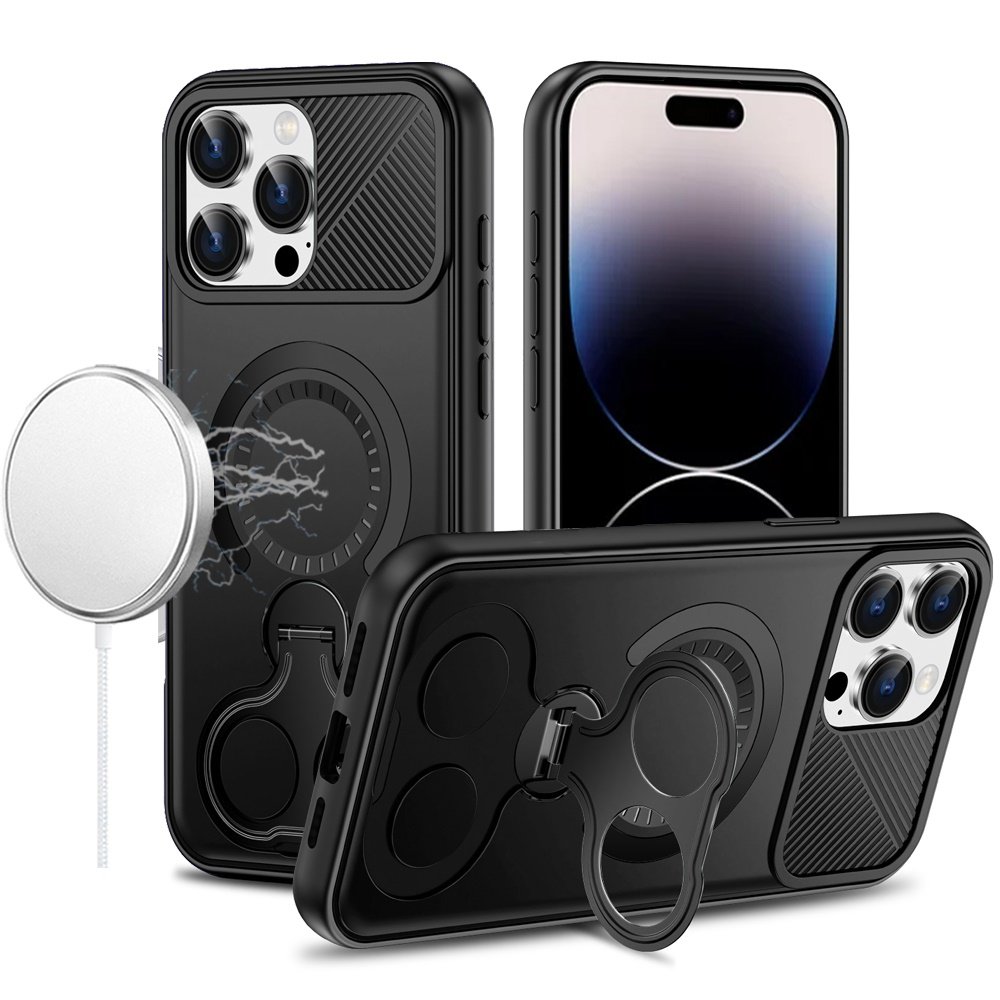 for iphone 14 pro max 6.7" car mount with 2 ring stand hybrid case black