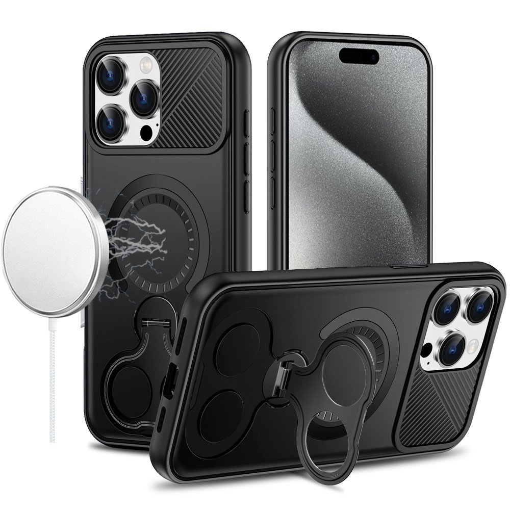 for ip15 pro max car mount with 2 ring stand hybrid case black