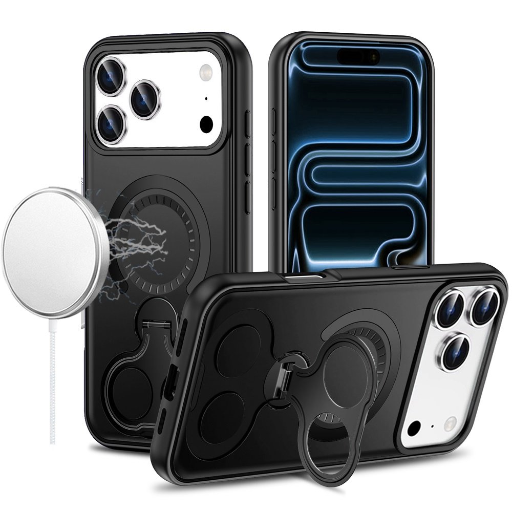 for iphone 17 pro car mount with 2 ring stand hybrid case black