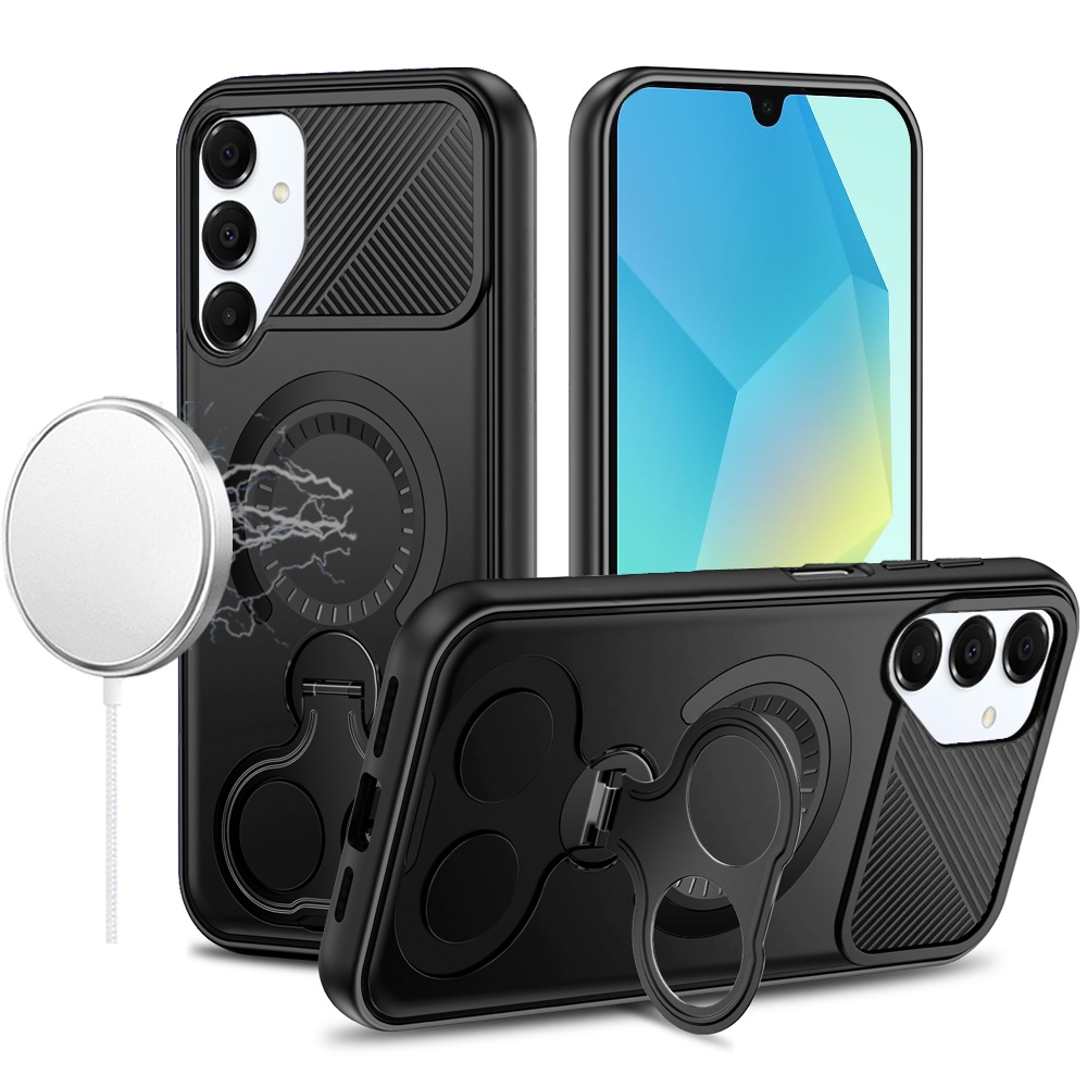 for samsung a16 5g car mount with 2 ring stand hybrid case black