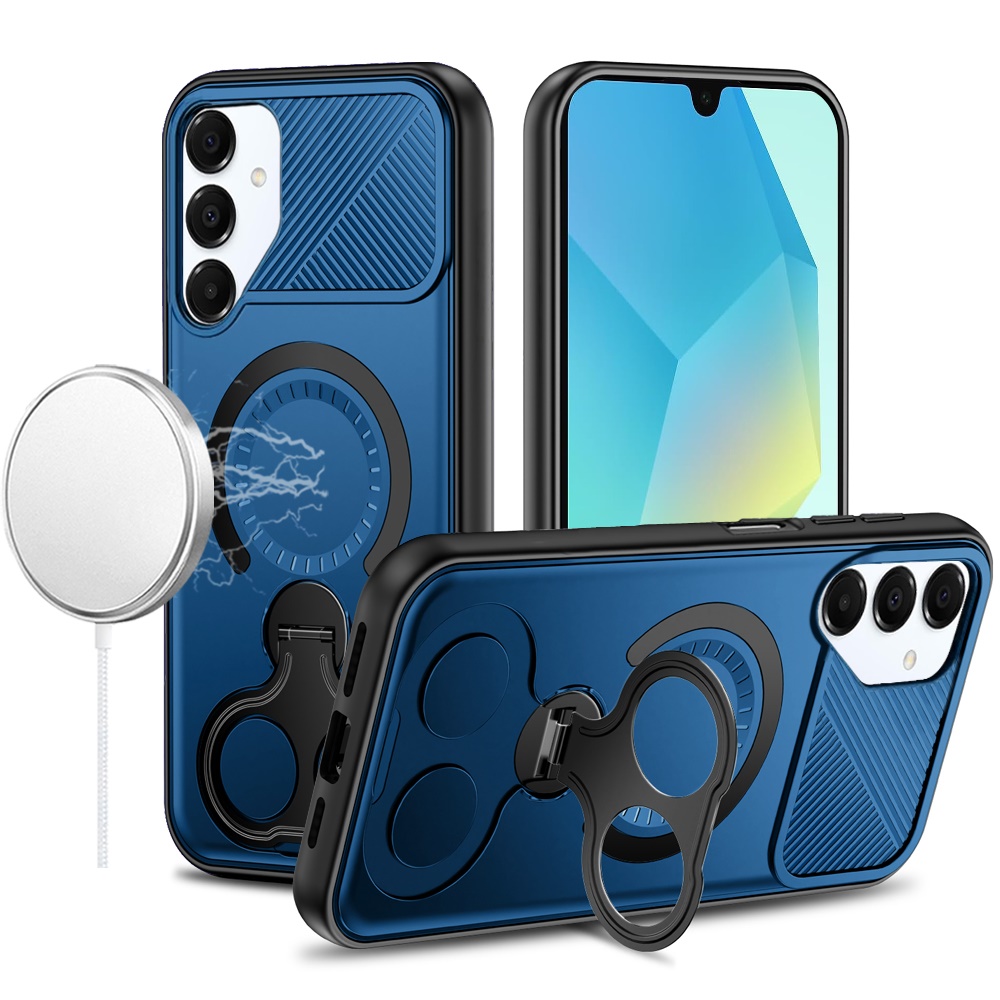 for samsung a16 5g car mount with 2 ring stand hybrid case blue
