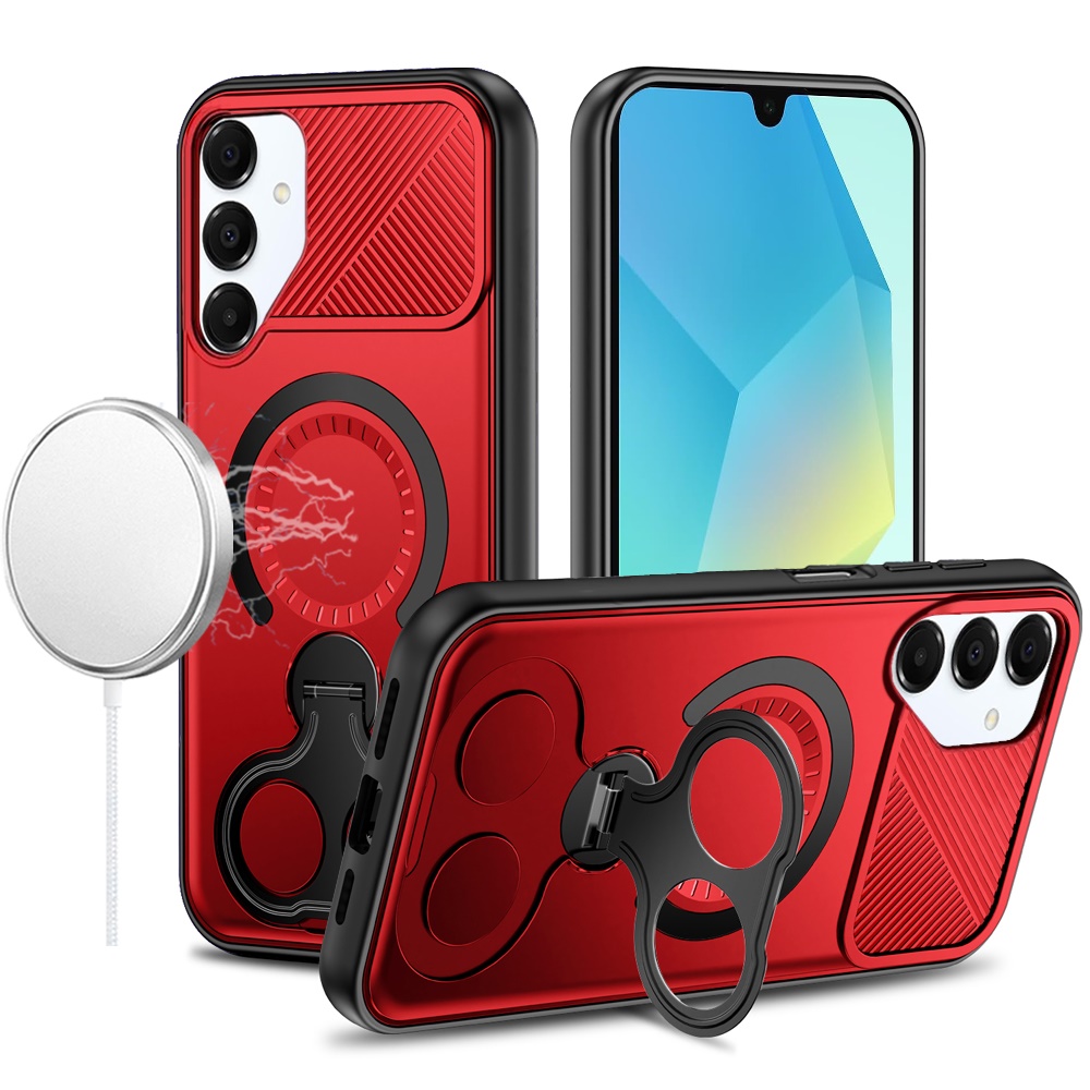 for samsung a16 5g car mount with 2 ring stand hybrid case red
