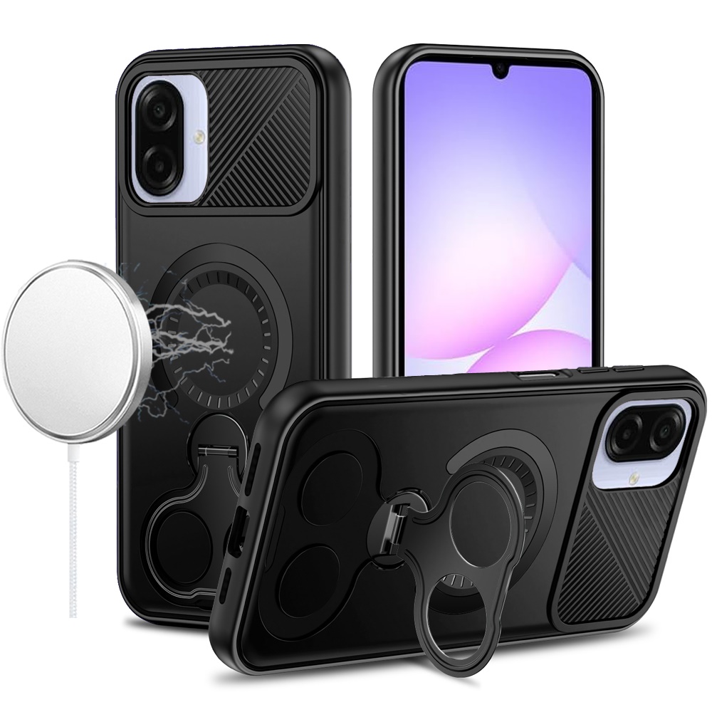 for for samsung galaxy a07 transparent hq hybrid with metallic camera stand magnetic ring case black