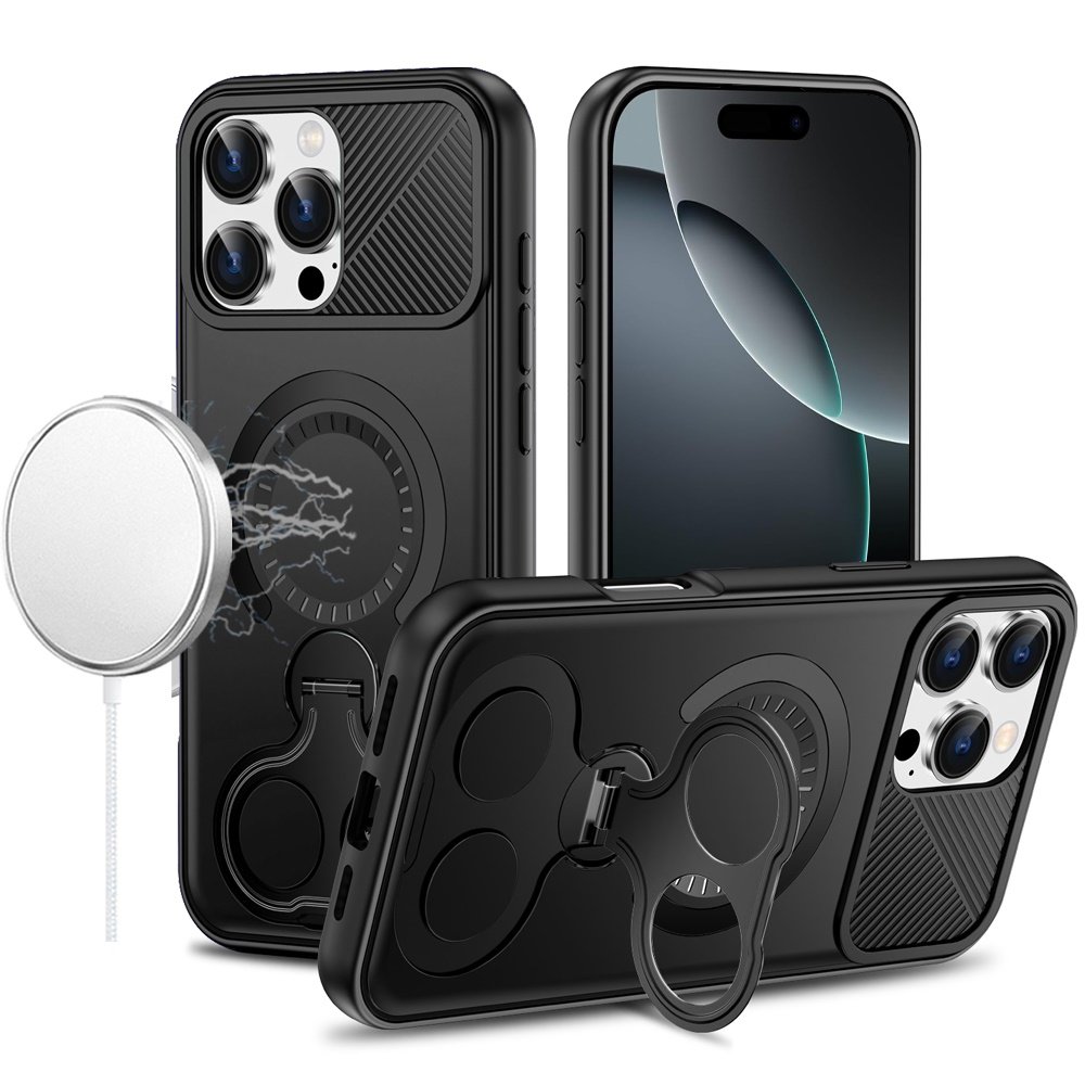 for iphone 16 pro max 6.9 car mount with 2 ring stand hybrid case black