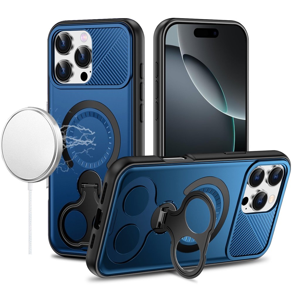 for iphone 16 pro max 6.9 car mount with 2 ring stand hybrid case blue