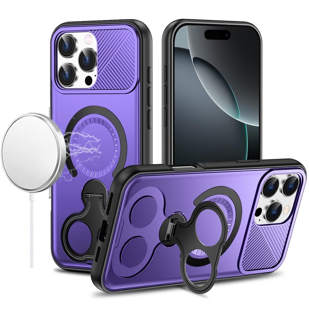 for iphone 16 pro max 6.9 car mount with 2 ring stand hybrid case purple