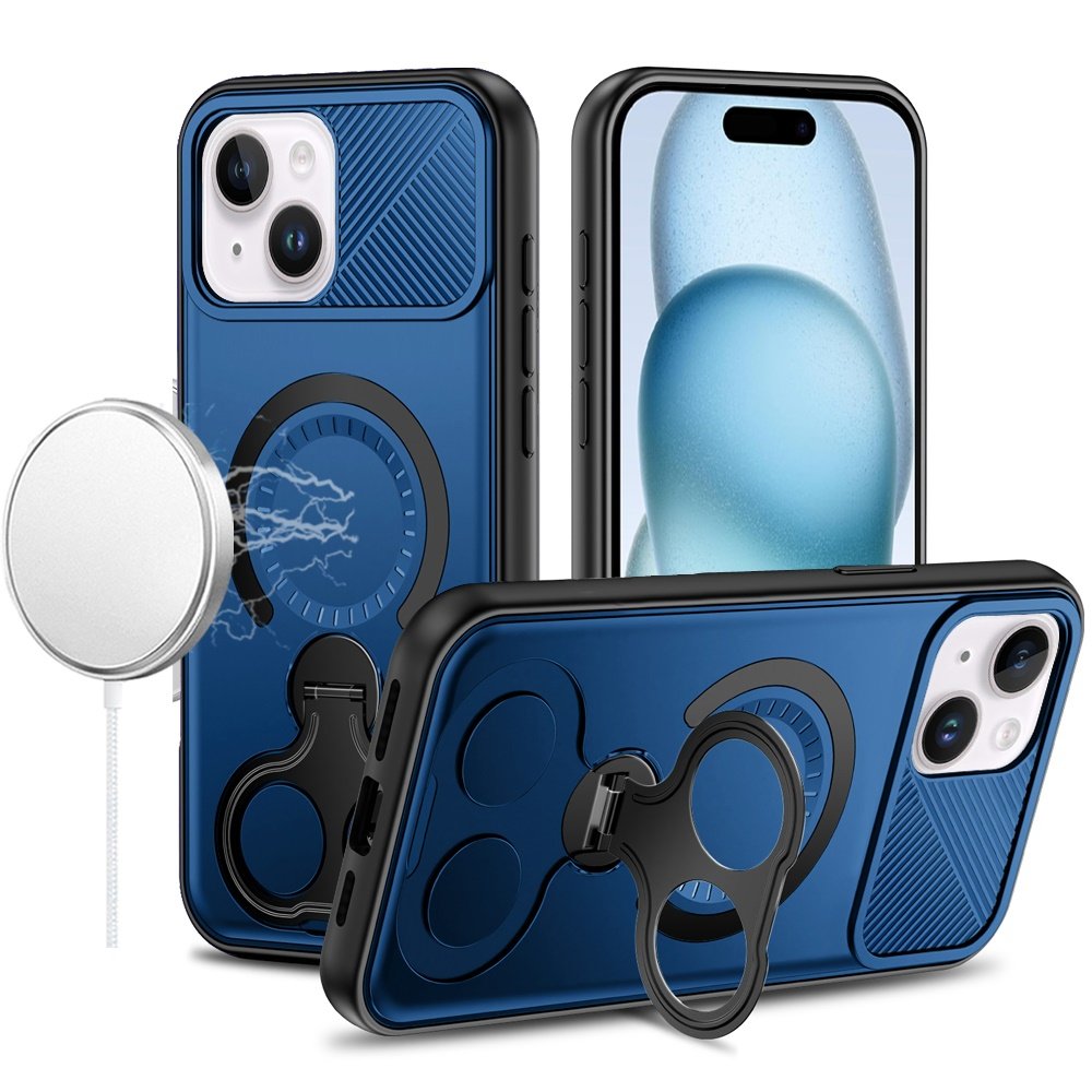 for iphone 15 car mount with 2 ring stand hybrid case blue