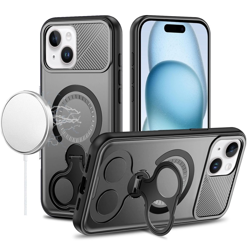 for iphone 15 car mount with 2 ring stand hybrid case gray