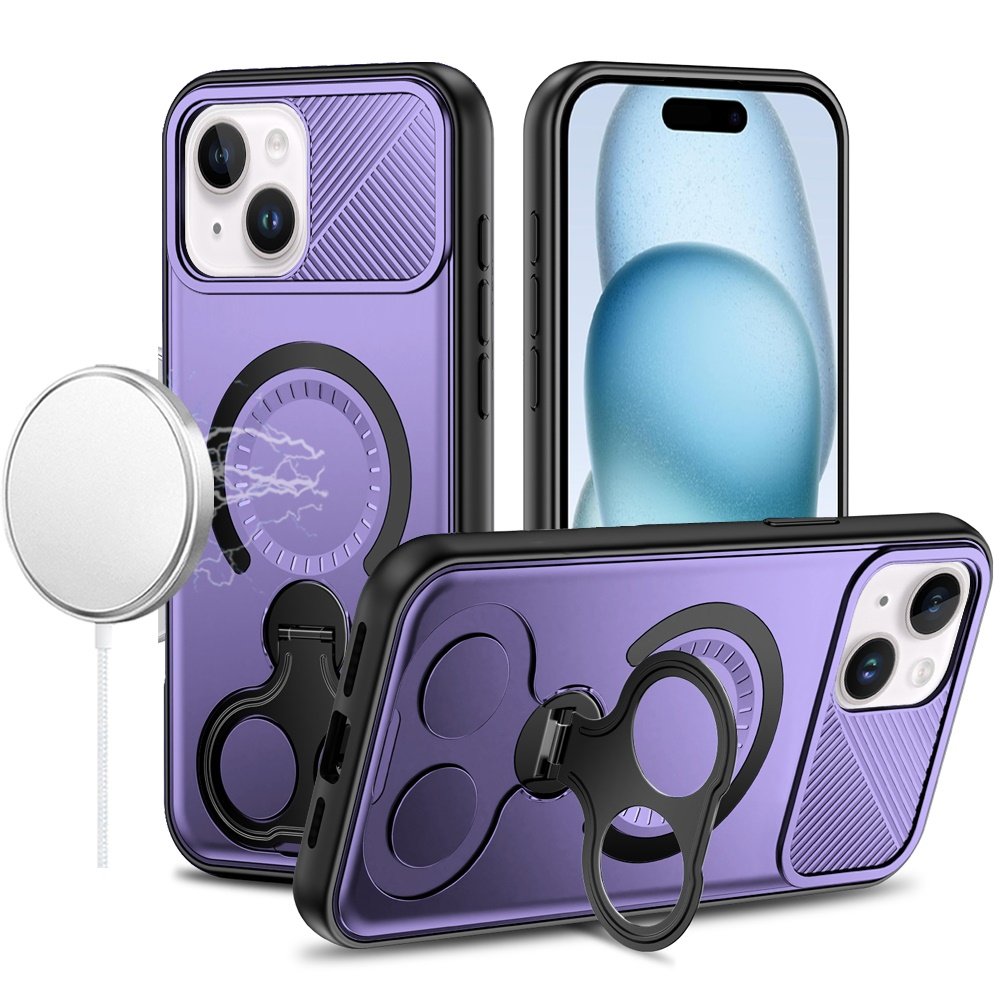 for iphone 15 car mount with 2 ring stand hybrid case purple