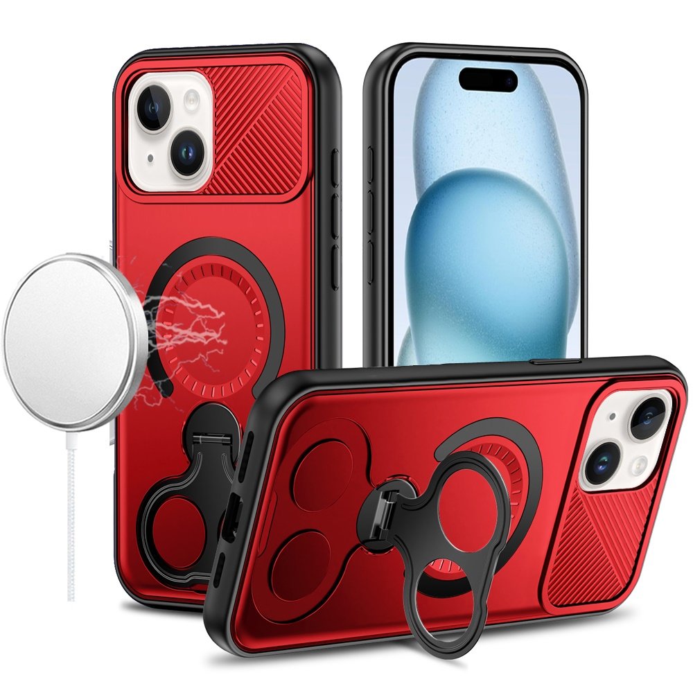 for iphone 15 car mount with 2 ring stand hybrid case red