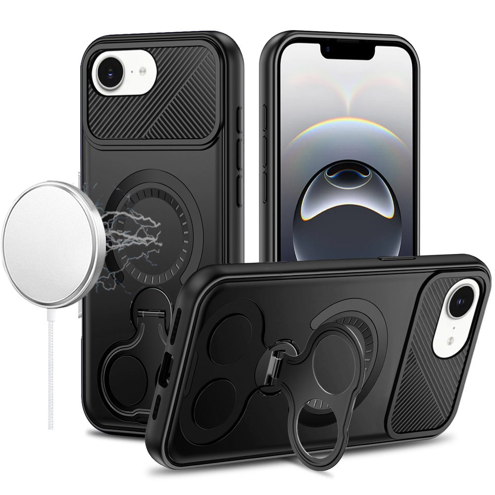 for iphone 17e / 16e / se4 car mount with 2 ring stand hybrid case black