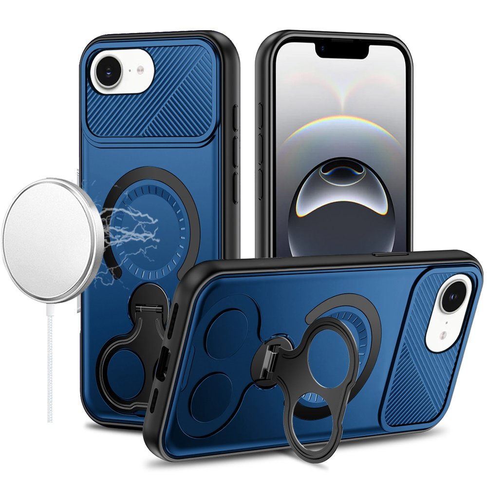 for iphone 17e / 16e / se4 car mount with 2 ring stand hybrid case blue