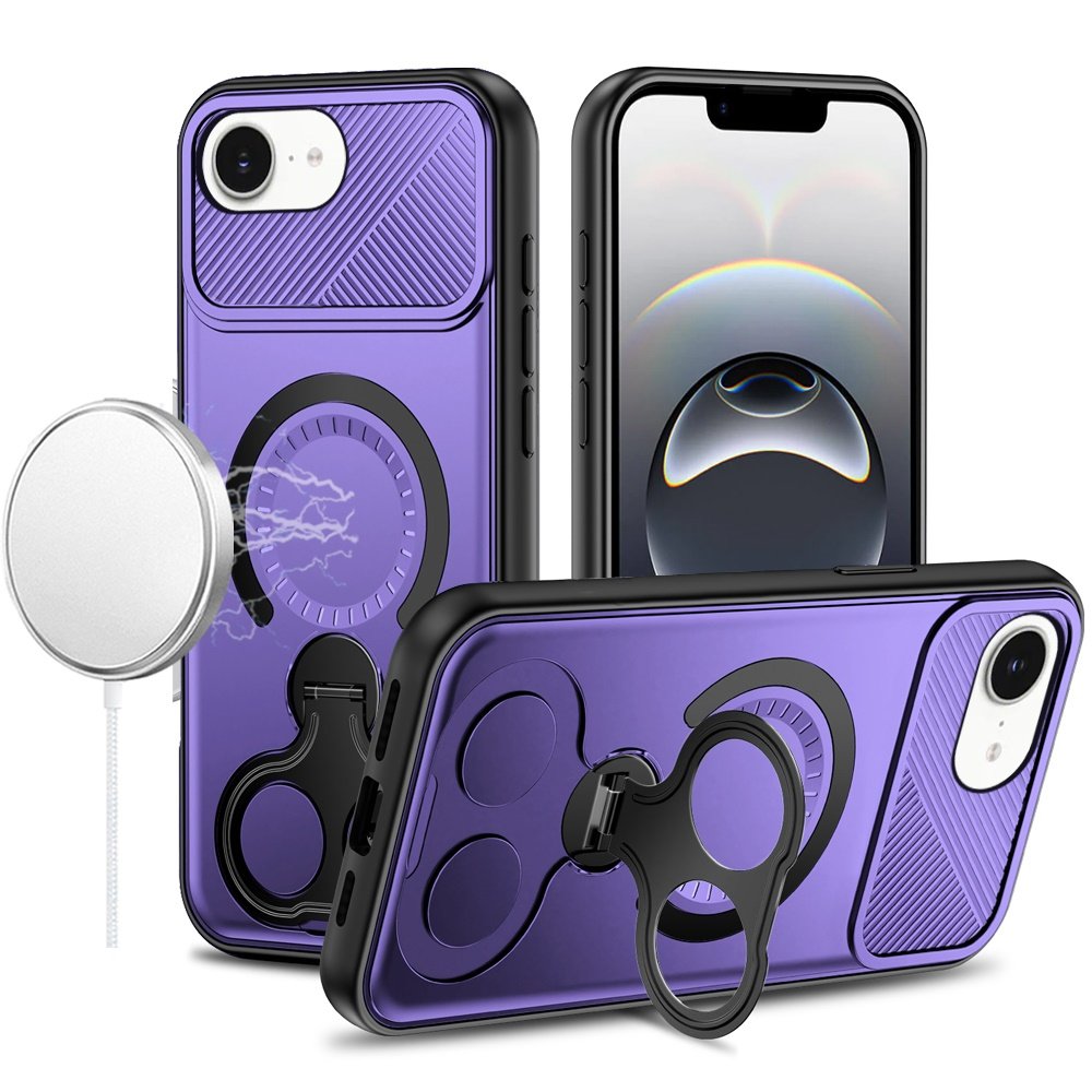 for iphone 17e / 16e / se4 car mount with 2 ring stand hybrid case purple