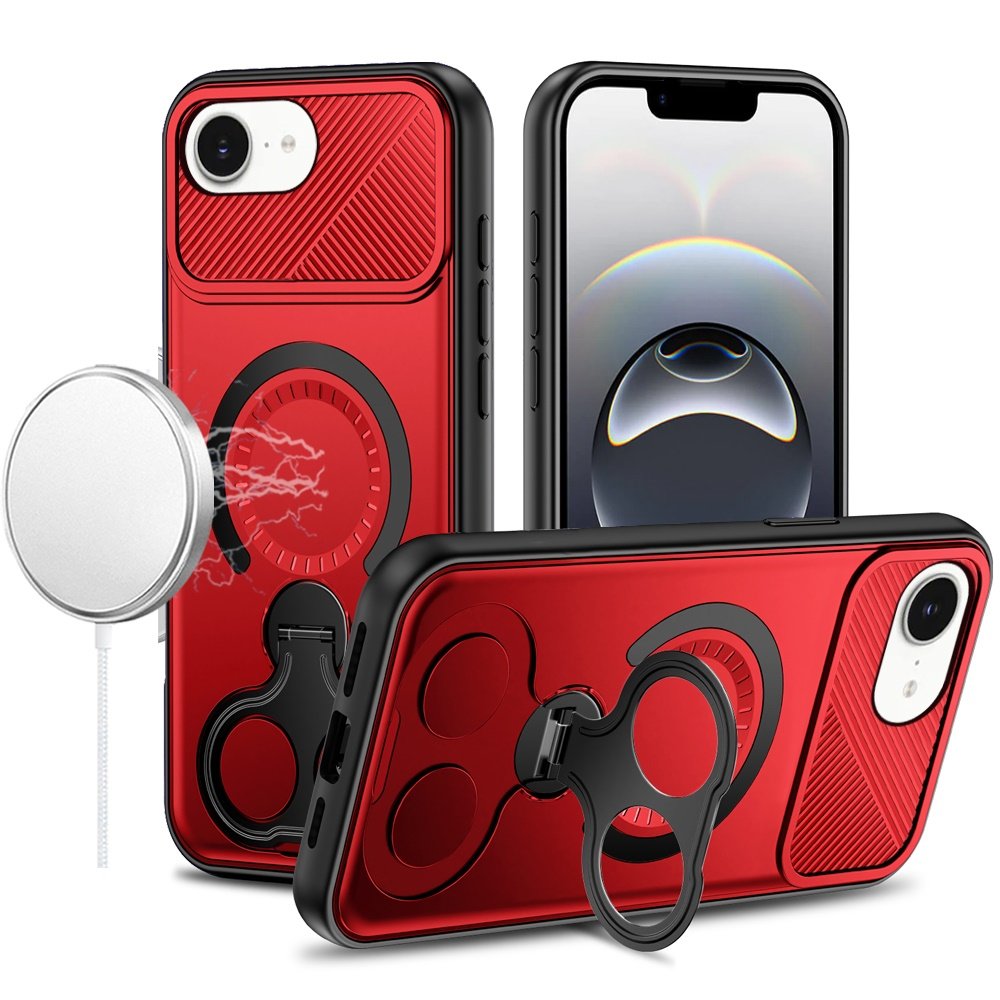for iphone 17e / 16e / se4 car mount with 2 ring stand hybrid case red
