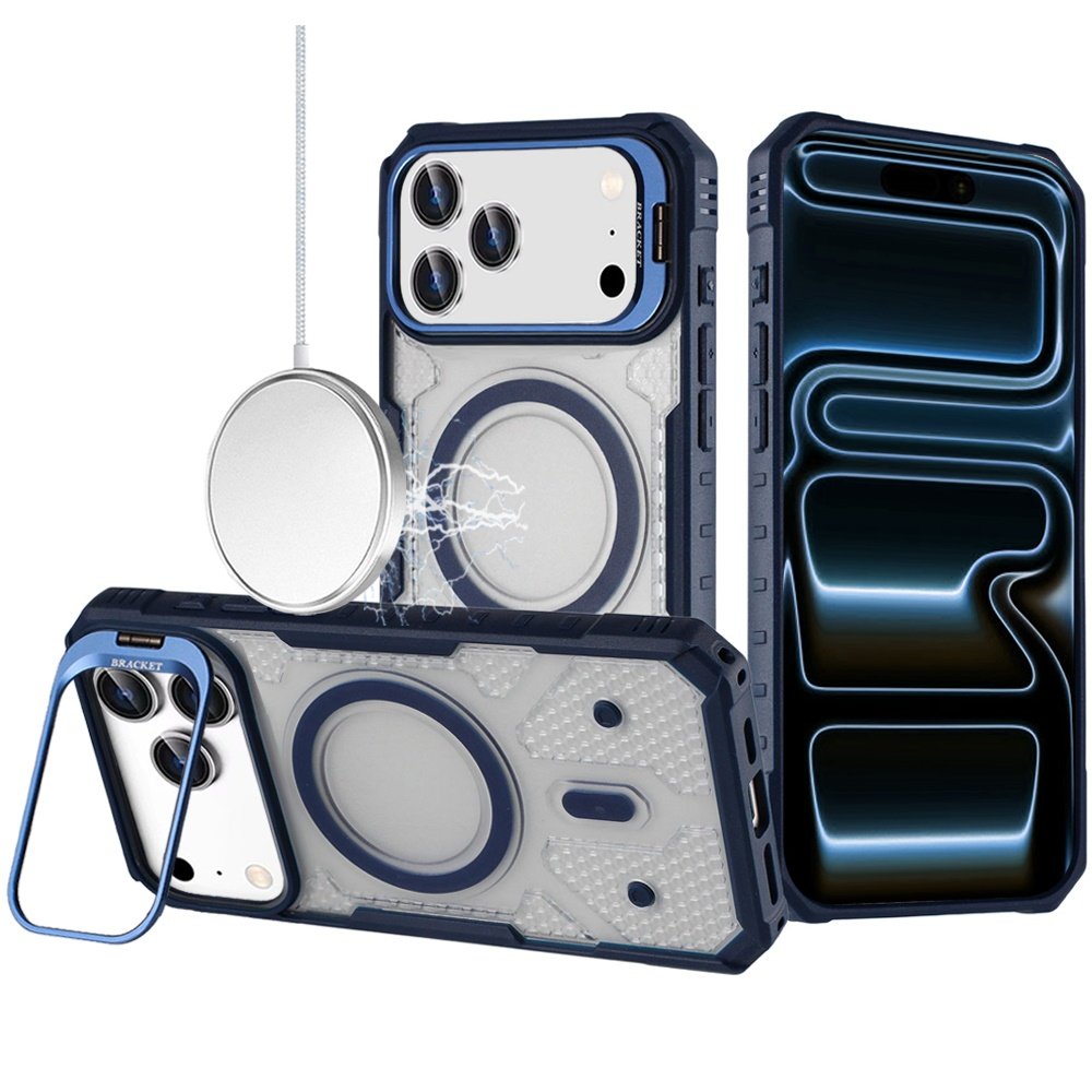 for iphone 17 pro max tough dotted design hq hybrid with metallic camera stand magnetic ring case dark blue
